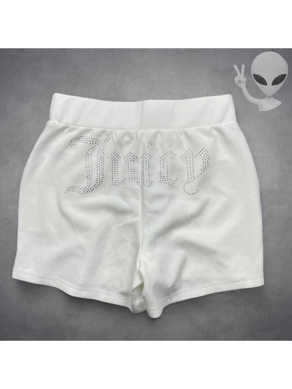 Juicy Couture Velour Shorts Women Size S White Rhinestone Logo Big Bling